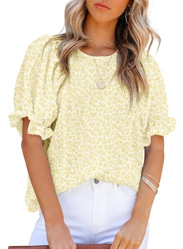 Dokotoo Summer Floral Crewneck Puff Sleeve Babydoll Blouse - Casual Holiday Boho Shirt, M Yellow | Amazon (US)