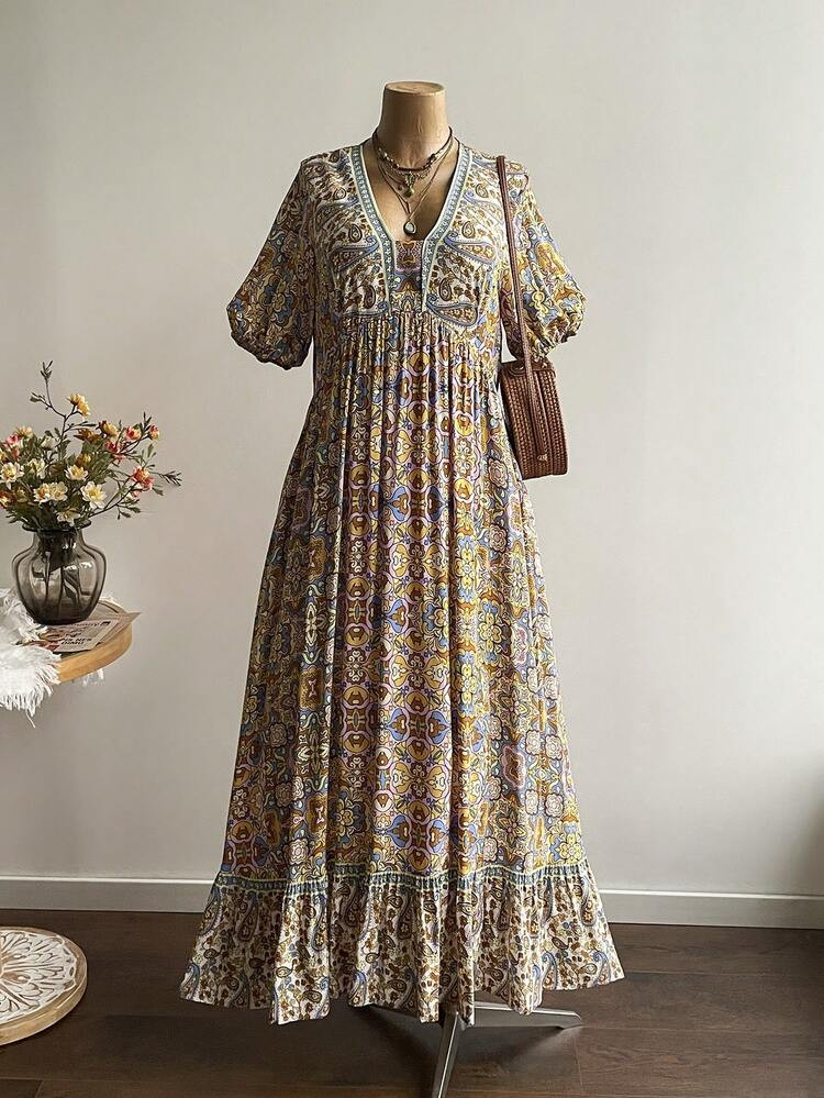 Rusttydustty Women's Plus Size Blue Floral Print V-Neck Short-Sleeved Long Dress Boho Easter Beach Outfits Hawaii Coachella Music Festival Tropical Vacation | SHEIN