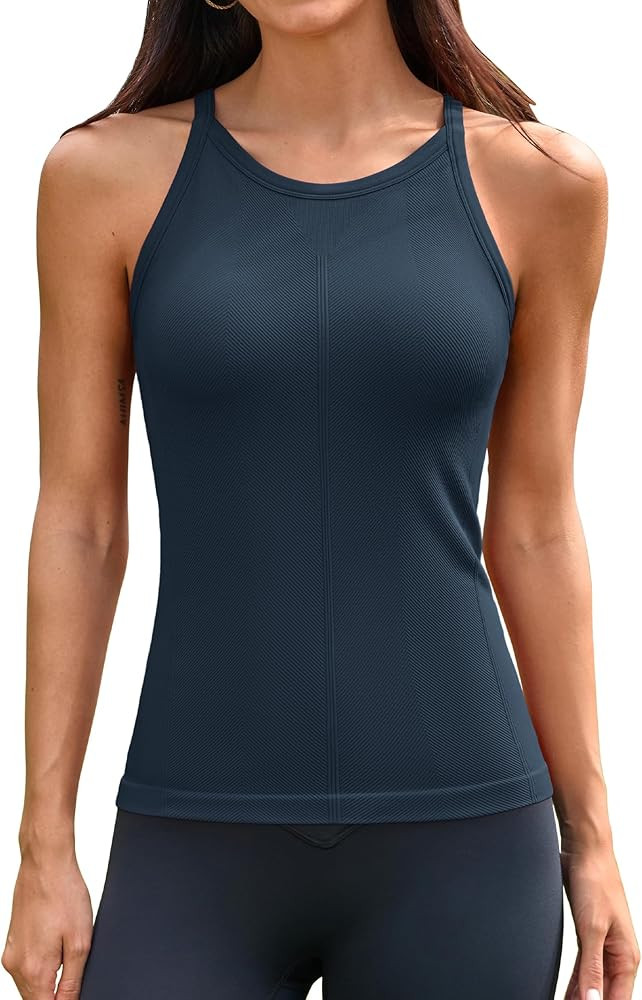 ATTRACO Women Workout Tank Tops with Built in Bra Crew Neck Basic Ribbed Tank Top Racerback Athle... | Amazon (US)