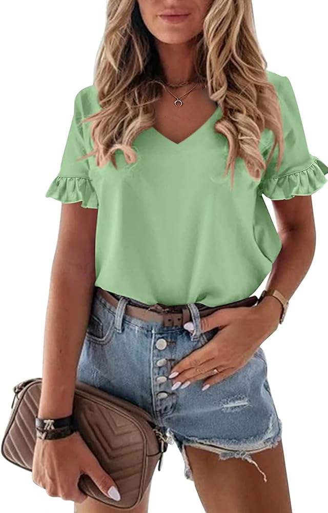 Vircreate Womens Summer Ruffle Plain V Neck T Shirts Short Sleeve Loose Fit Tee Casual Blouse Tun... | Amazon (US)