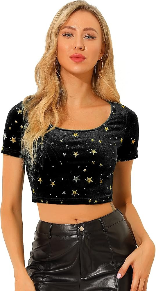 Allegra K Women's Halloween Christmas Velvet Scoop Neck Slim Fit Crop Top | Amazon (US)