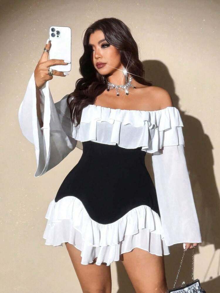 Viva Relle Plus Size Women's Elegant Romantic Sexy Black & White Patchwork Flowy Chiffon Off Shoulder Ruffle Hem Bodycon Long Sleeve Mini Dress, Suitable For Valentine's Day | SHEIN