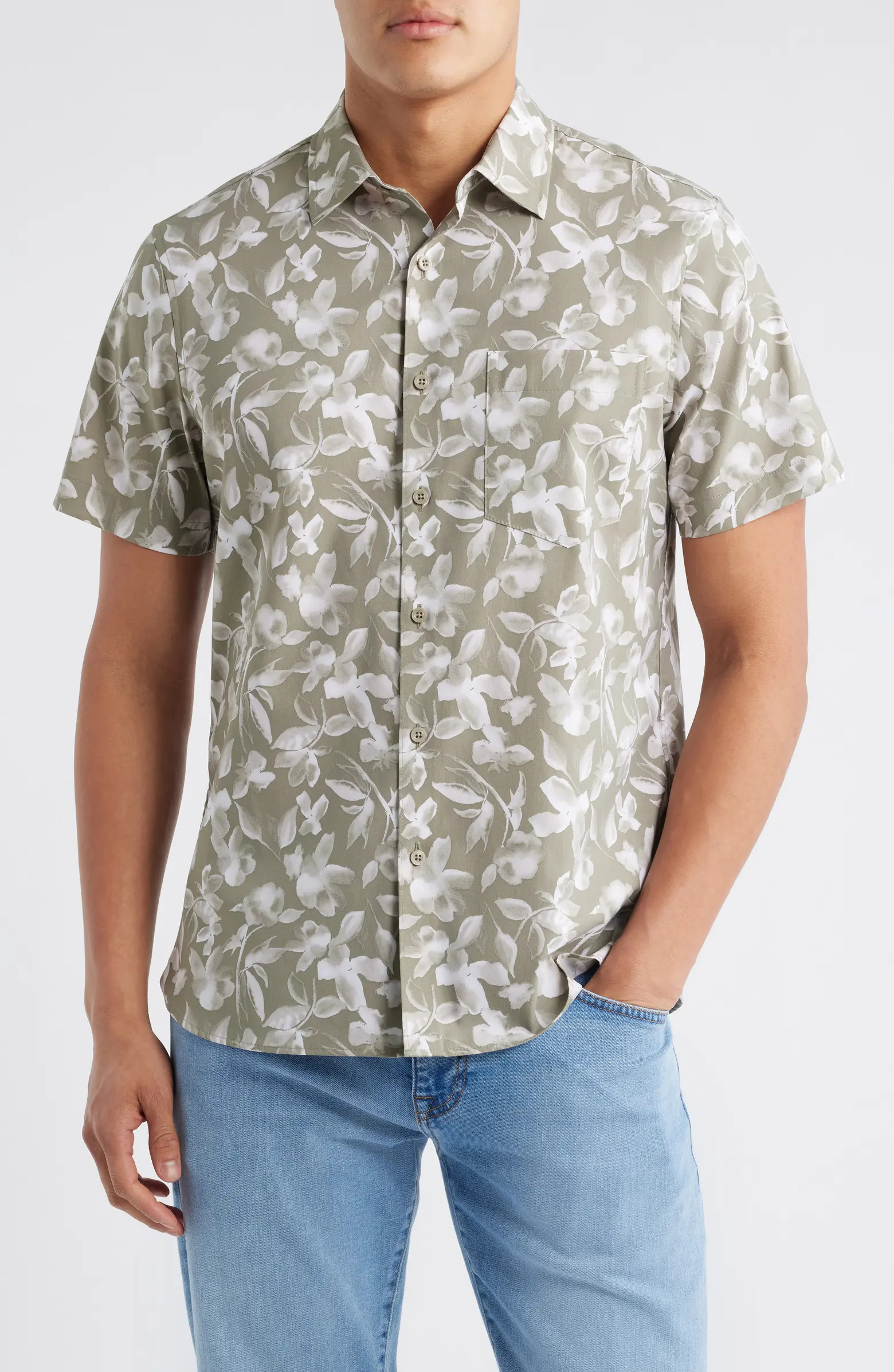Leaf Print Short Sleeve Stretch Cotton Blend Button-Up Shirt | Nordstrom