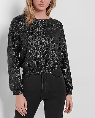 Sequin Long Sleeve Banded Bottom Top | Express