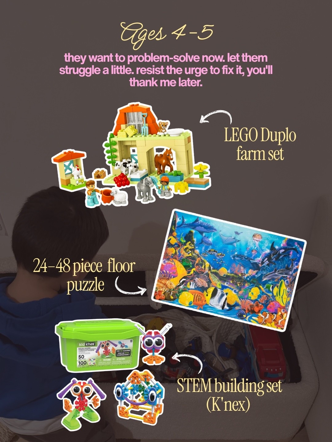 Ages 4–5: they want to problem-solve now. let them struggle a little. resist the urge to fix it, you'll thank me later. LEGO Duplo farm set · 24–48 piece floor puzzle · STEM building set (K'nex)

#LTKmomlife #LTKBaby #LTKKids