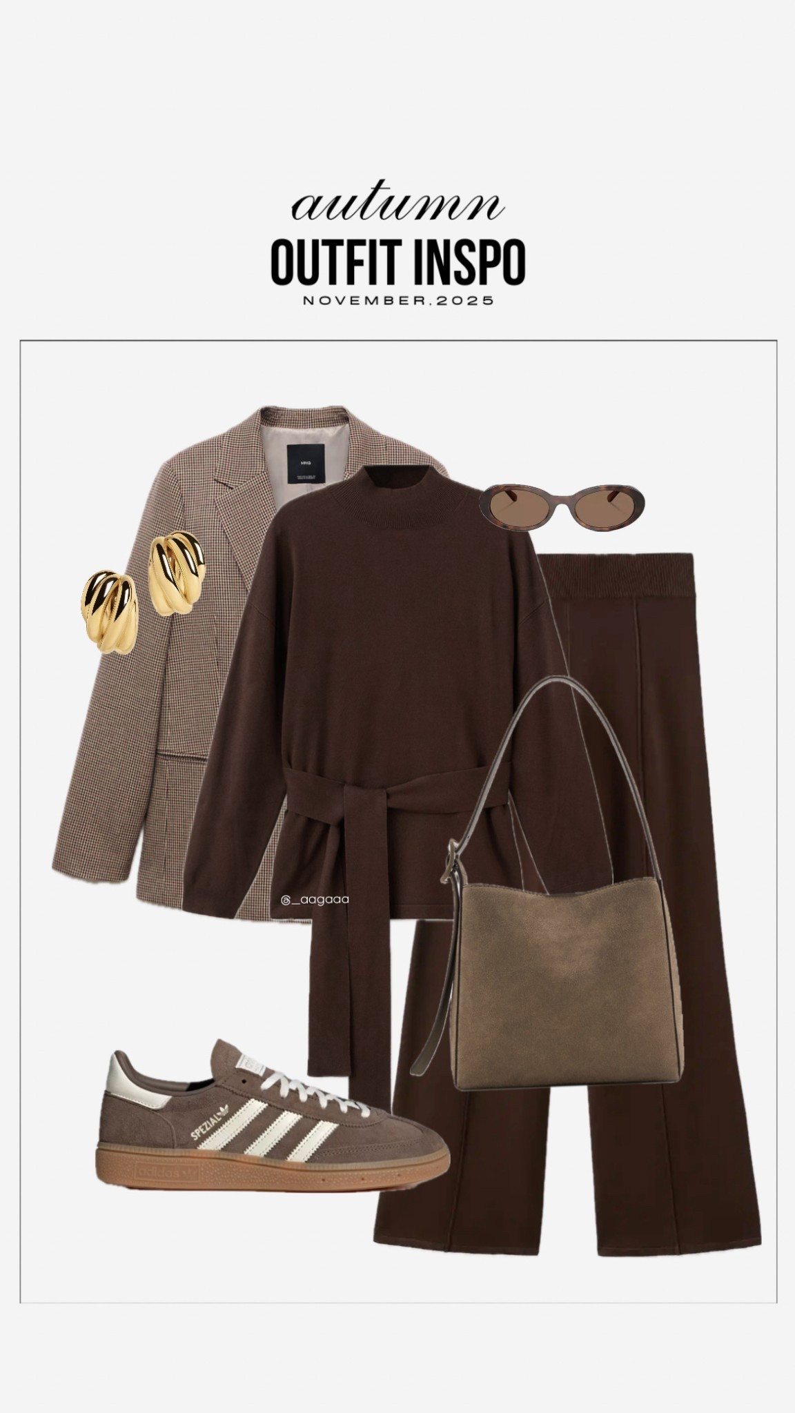 Neutral autumn outfit from mango! Plaid print blazer, long sleeve sweater, wide leg pants, brown suede adidas spezial sneakers, brown mango handbag, fall outfit, autumn fashion, workwear, capsule wardrobe, neutral outfit 

#LTKStyleTip #LTKFindsUnder100 #LTKFindsUnder50