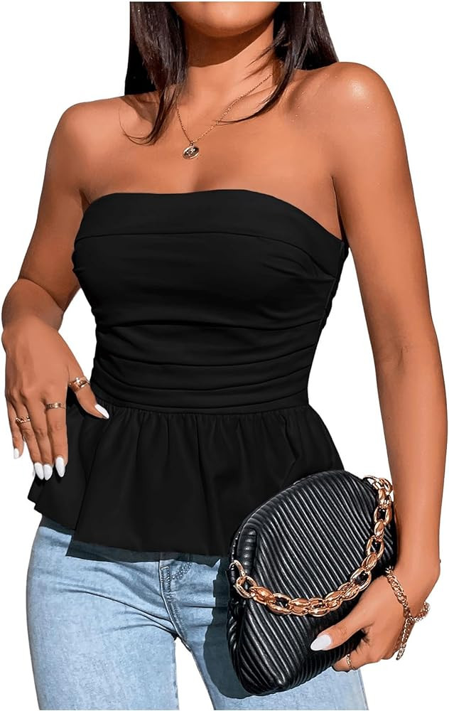 SHENHE Women's Ruched Ruffle Hem Flared Elegant Slim Fitted Tube Tank Tops | Amazon (US)