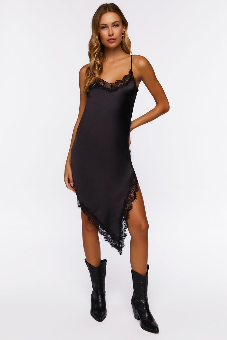 Women's Satin Eyelash Lace Midi Slip Dress in Black Medium | Forever 21 (US)