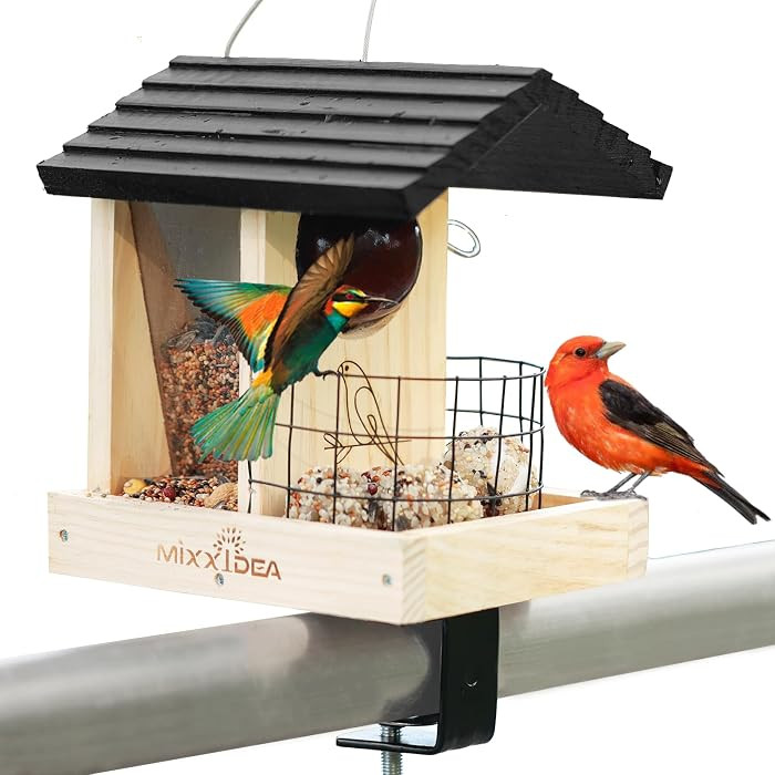 Wooden Deck Bird Feeder for Railing, Balcony Deck Bird Feeders for Outside, Sturdy Birds Feeder f... | Amazon (US)