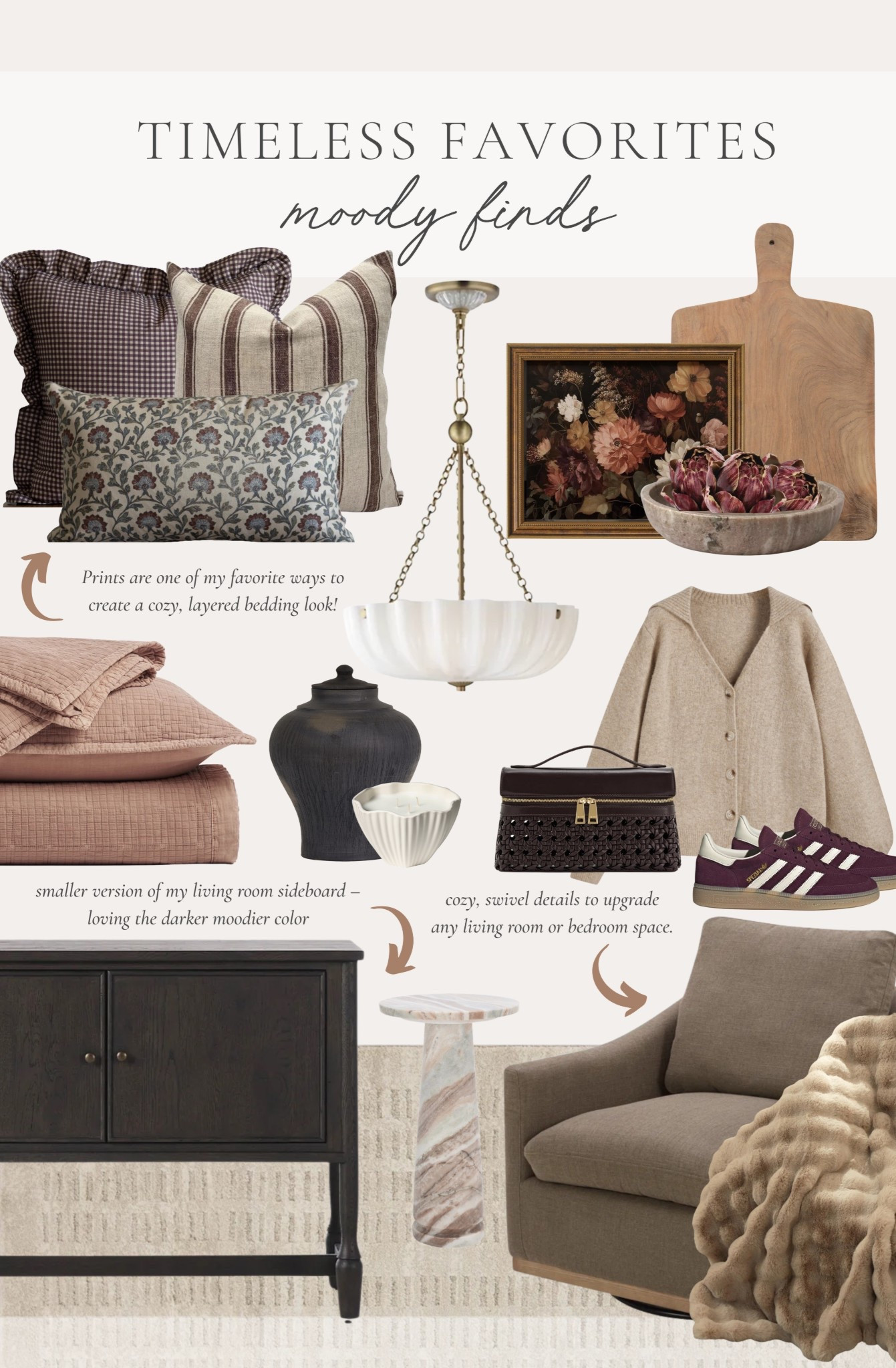 Timeless and moody vibes for a home refresh! From stunning lighting details to a rich wood toned sideboard, rounding up some of my favorite inspo!

Home finds, neutral home inspo, collected style, furniture favorites, cozy throw pillow, bedding favorites, cozy outfit, neutral area rug, accent chair, faux fur blanket, digital art, bread board, faux artichoke decor, marble bowl, vase details, cozy candle, Cider, Adidas, found it on Amazon, Woven Nook, Etsy, Magnolia, Scout and Nimble, Four Hands, Wayfair, shop the look!

#LTKSeasonal #LTKHome