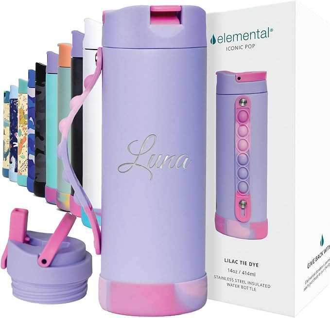 Elemental Iconic Kids Personalized Water Bottle with Straw Lid & Stress Relief Pop It Handle, Cus... | Amazon (US)