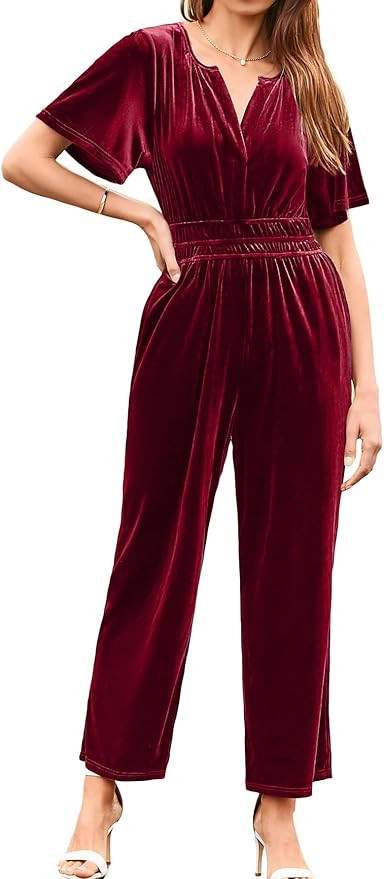 Simplee Womens Short Sleeve Wide Leg Velvet Jumpsuit Dressy V Neck Elastic Waist Formal Jumpsuits... | Amazon (US)