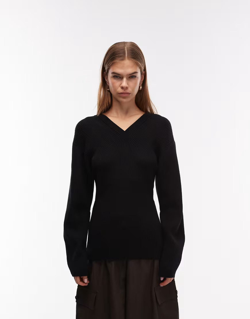 ARKET wool rich v-neck cinched waist jumper in black | ASOS (Global)