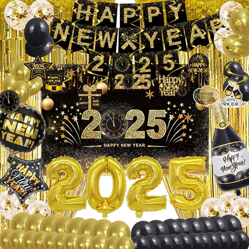 Happy New Year Party Decoration Supplies - 2025 Backdrop Banner Fringe Curtains and Foil Balloon,... | Amazon (US)
