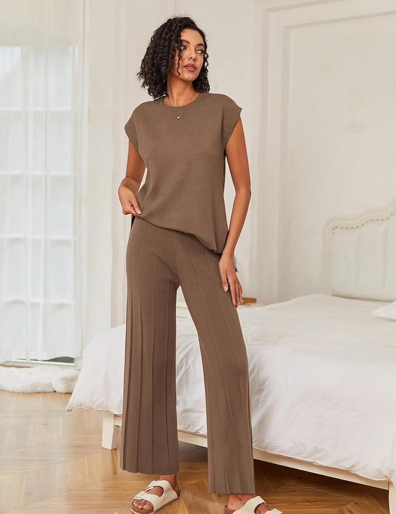 Ekouaer Lounge Sets for Women Two Piece Outfits Knit Cap Sleeve Tops Wide Leg Pleated Pants Casua... | Amazon (US)