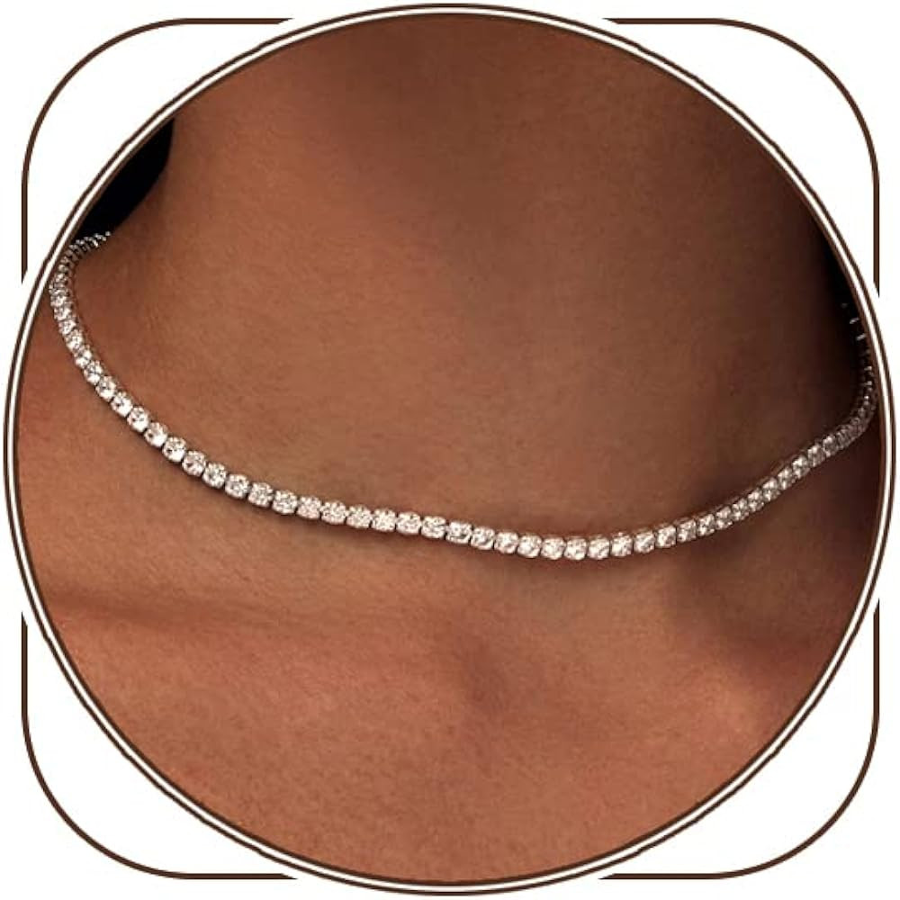 Tennis Necklace for Women, 18K Gold/Silver Plated Rhinestone Choker Necklaces Dainty Zirconia Cut... | Amazon (US)