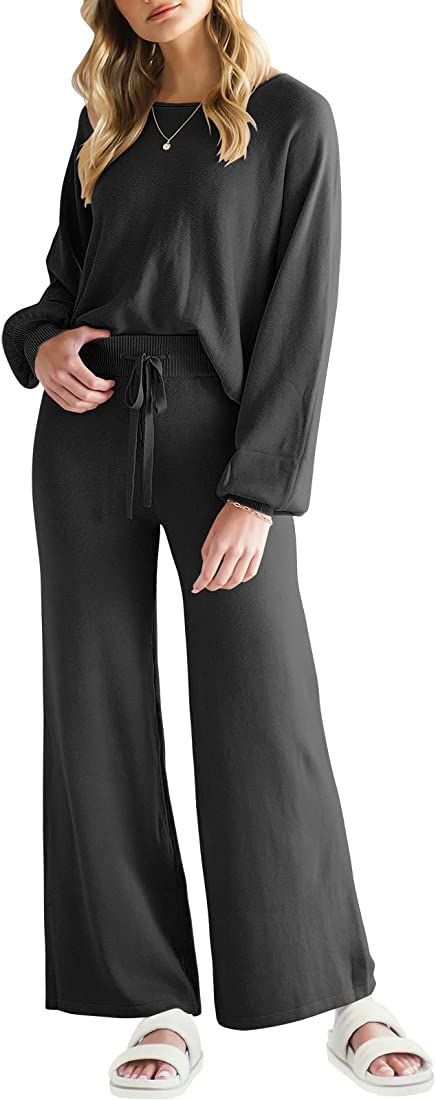 ANRABESS Women’s Two Piece Outfits Sweatsuit Long Lantern Sleeve Crewneck Crop Top with Wide Le... | Amazon (US)