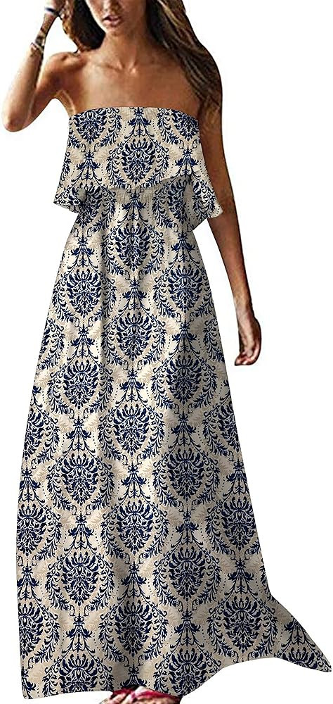 ZMPSIISA Women's Summer Off The Shoulder Maxi Dress Ruffle Strapless Blue White Porcelain Boho Ca... | Amazon (US)