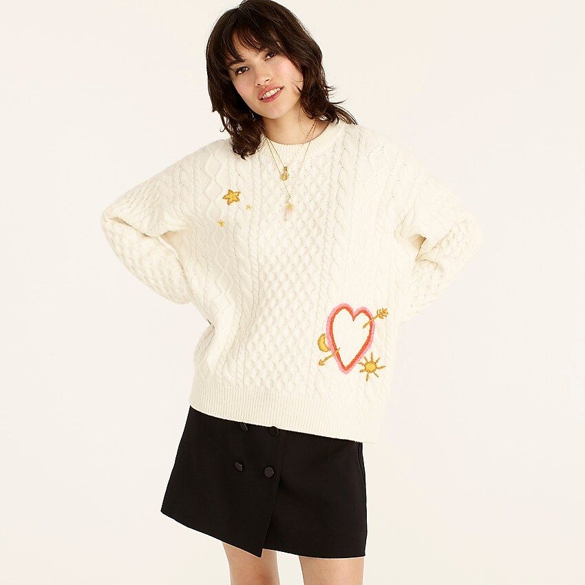 Limited-edition DEMYLEE New York™ X J.Crew embroidered cable-knit crewneck sweater | J.Crew US