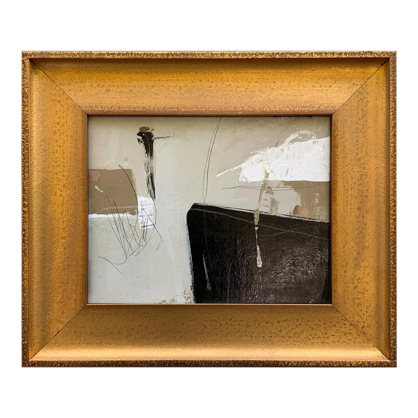 Original Abstract Neutral Painting in Gold Mid-Century Modern Frame | Chairish