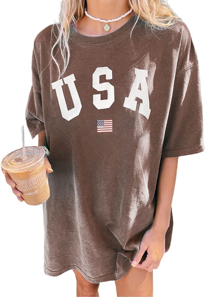Remidoo Women's Casual Crewneck Short Sleeve Oversized T Shirt Rainbow Graphic Tees | Amazon (US)