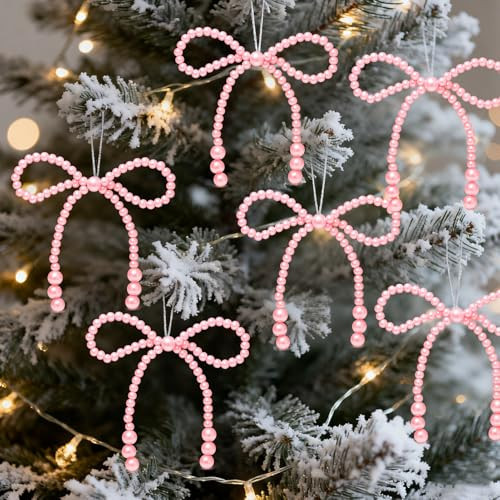 Pearl Bow Christmas Ornaments Pink, 12Pcs Bowknot Christmas Tree Decor Xmas Ornament Hanging Pendant Decoration, Cake/Cupcake Topper Decorations for Wedding Bridal Baby Shower Birthday Party Supplies | Amazon (US)