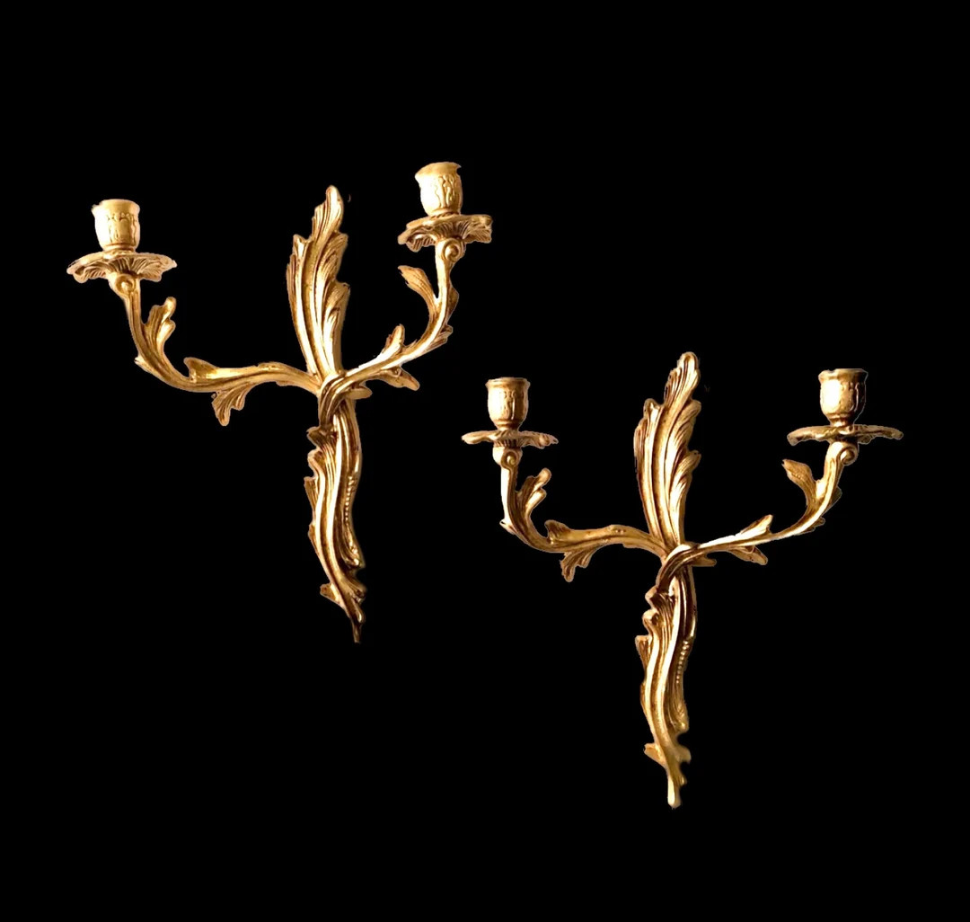 Exquisite Pair of Louis XV Style Gilded Sconces Double Arm Wall Candle Holders - Etsy | Etsy (US)