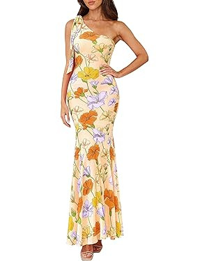 PRETTYGARDEN Womens Summer One Shoulder Maxi Dress 2026 Floral Sleeveless Bodycon Mesh Long Forma... | Amazon (US)