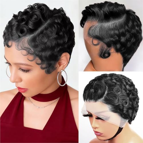 Curly Pixie Cut 13x4 Lace Front Wig Human Hair Wigs 13x4 HD Lace Frontal Wigs Short Layered Curly Glueless Wig Pre Plucked Deep Wave Pixie Cut Human Hair Wigs with Bang for Black Women, Natural Balck | Amazon (US)