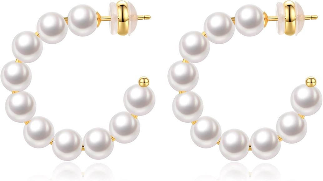 Pearl Hoop Earrings for Women Small Pearl Hoop Earrings 14K Gold Plated Lightweight Open Large Ci... | Amazon (US)