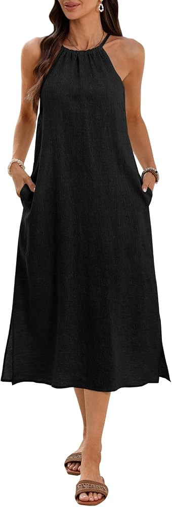 Women's 100% Linen Midi Dress Halter Neck 2026 Dress Sleeveless Flowy Beach Sun Dresses with Pock... | Amazon (US)