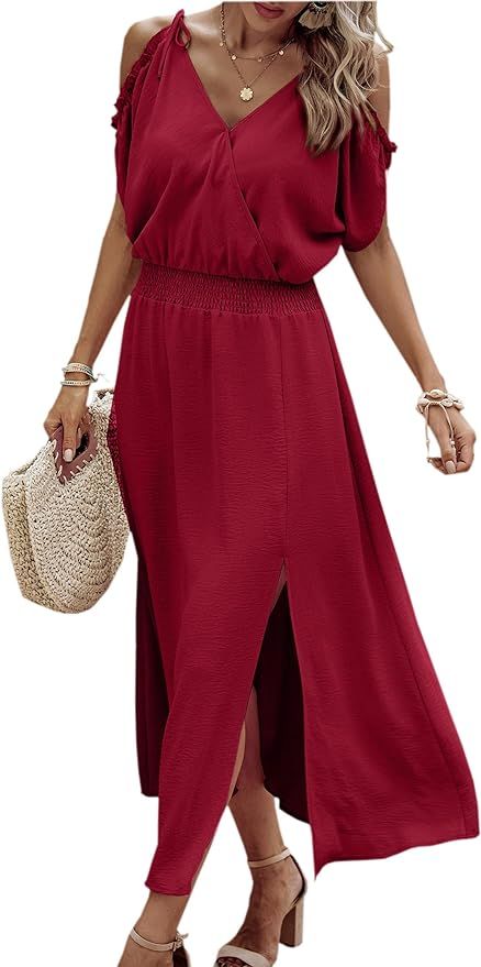 Angashion Women's 2024 Summer Maxi Dress Wrap V Neck Wedding Guest Cold Shoulder Split Smocked Hi... | Amazon (US)