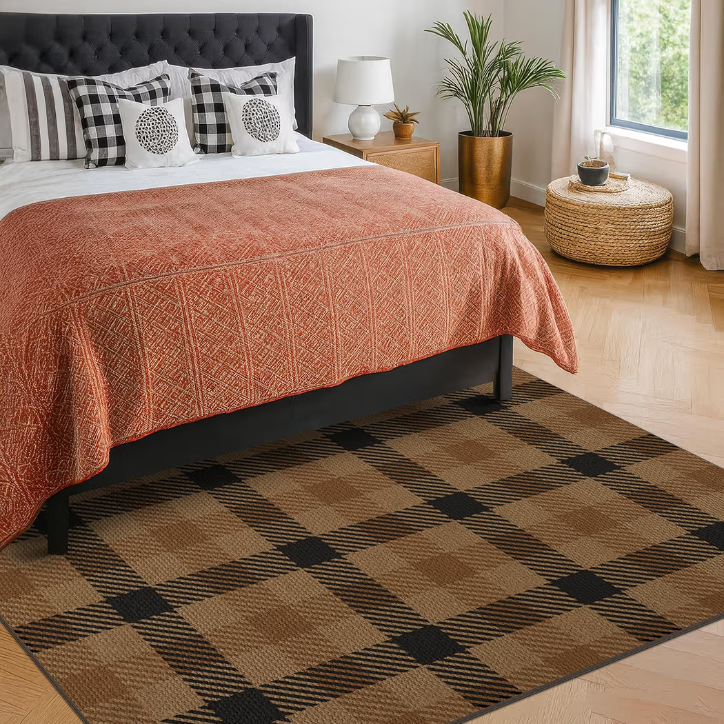 Brown Large Checkered Area Rug for Bedroom - 5x7 Easy Jute Dark Plaid Rug for Living Room, Large ... | Amazon (US)