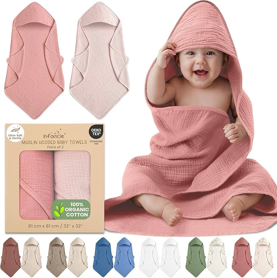 100% Organic Cotton Muslin Baby Hooded Towels 32x32 Inch – 2 Pack Soft & Absorbent Baby Towels ... | Amazon (US)