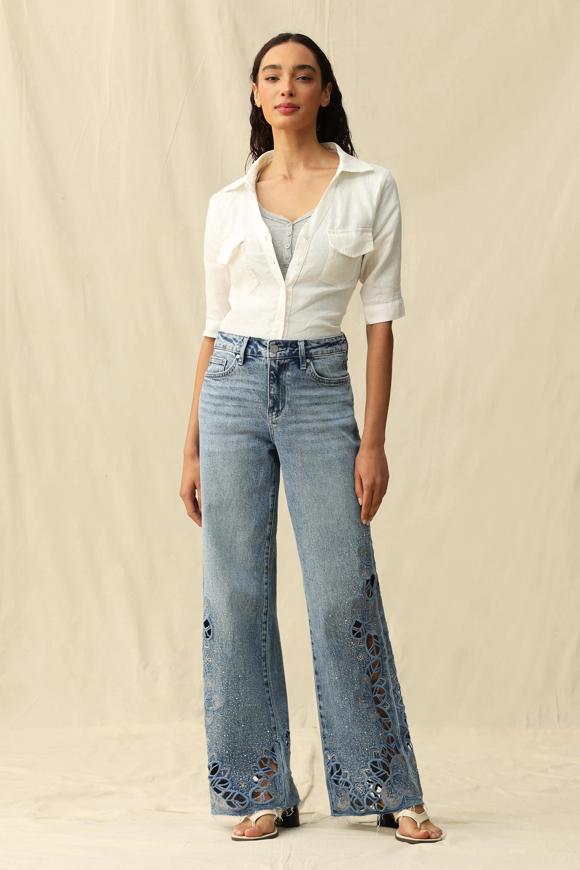 Mid Rise Embroidered Lace Wide Leg Jeans | BAYEAS