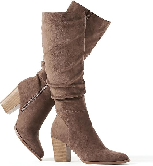 Putu Women's Pointed Toe Knee High Boots Faux Suede Slouch Boots with Chunky Heel | Amazon (US)