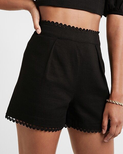 High Waisted Linen-Blend Eyelet Lace Trim Shorts | Express