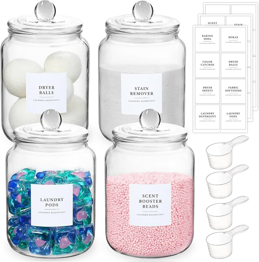 4 Pack Glass Jars with Lids and Labels, Glass Containers for Laundry Room Organization and Storag... | Amazon (US)