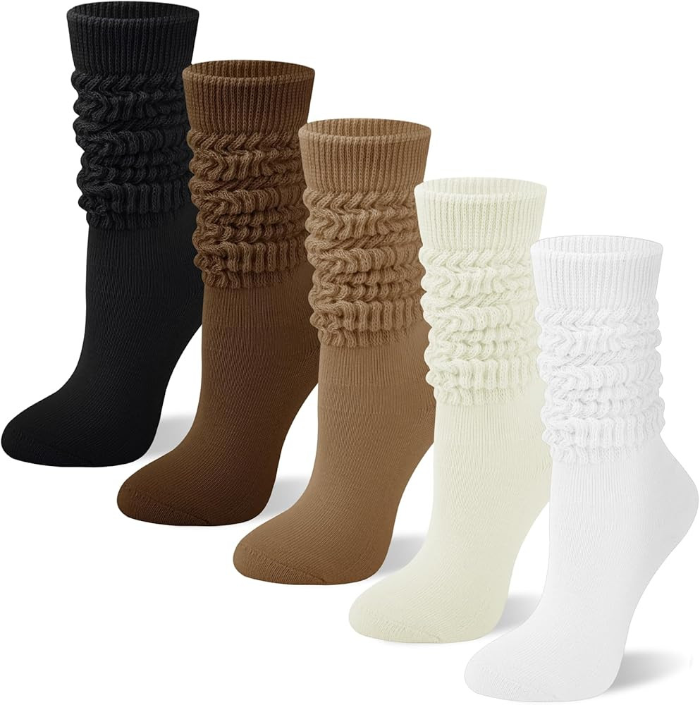 5 Pairs Slouchy Socks for Women, Soft Cotton Long Scrunch Tube Stockings, Casual Crew Boot Thick ... | Amazon (US)