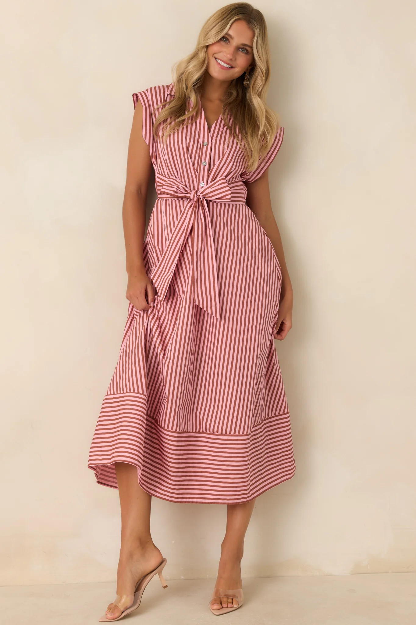 Lunch on the Riviera Pink Stripe Cotton Midi Dress | Red Dress