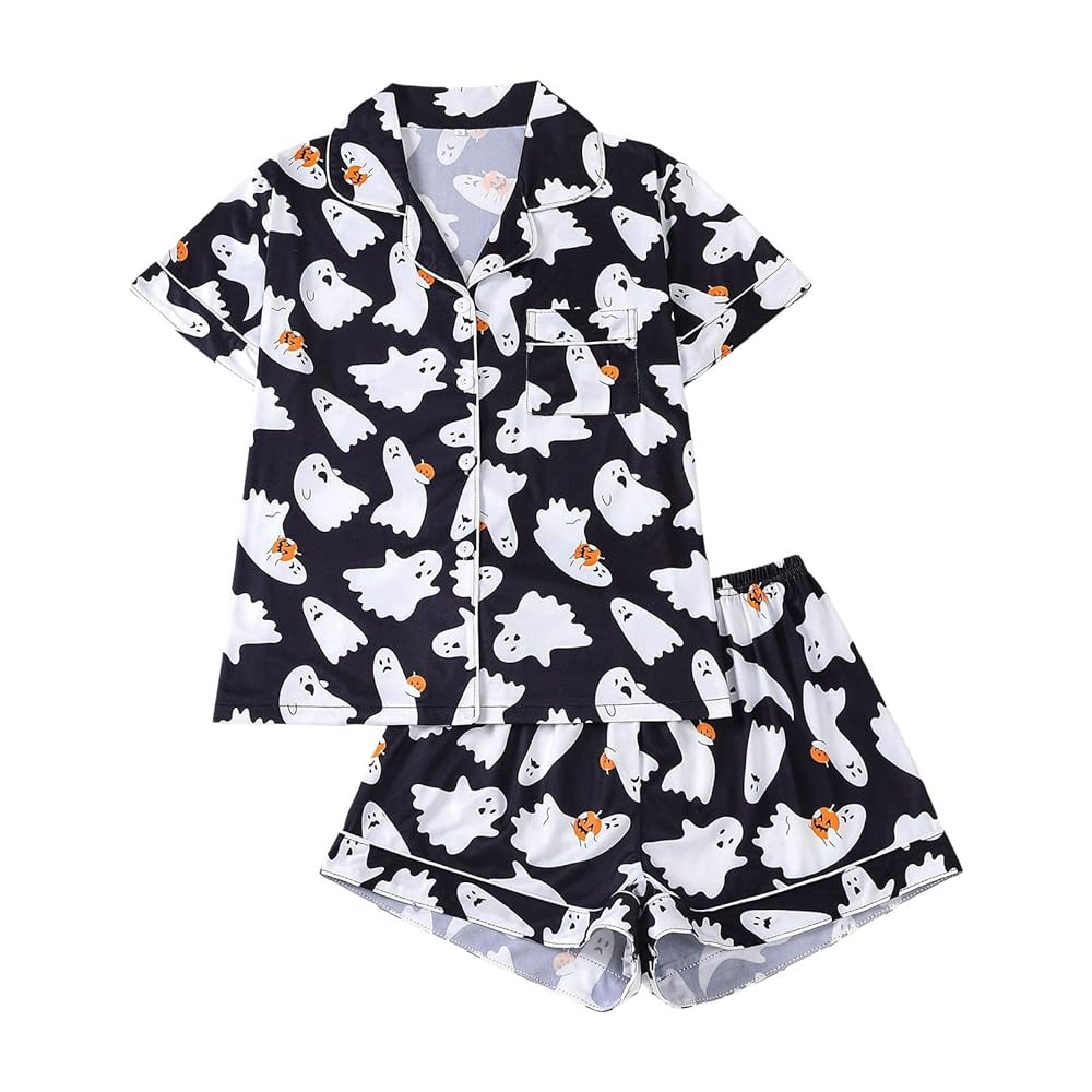 Halloween Pajama Sets for Women 2 Piece Ghost Pumpkin Print Shirts and Shorts Button Down Short S... | Amazon (US)