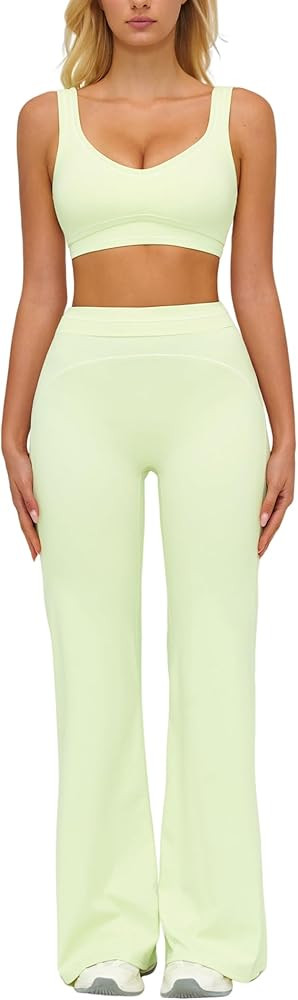 Womens Workout Set Two Piece U Back Color Block Sports Bra Matching High Waist Leggings Gym Work ... | Amazon (US)