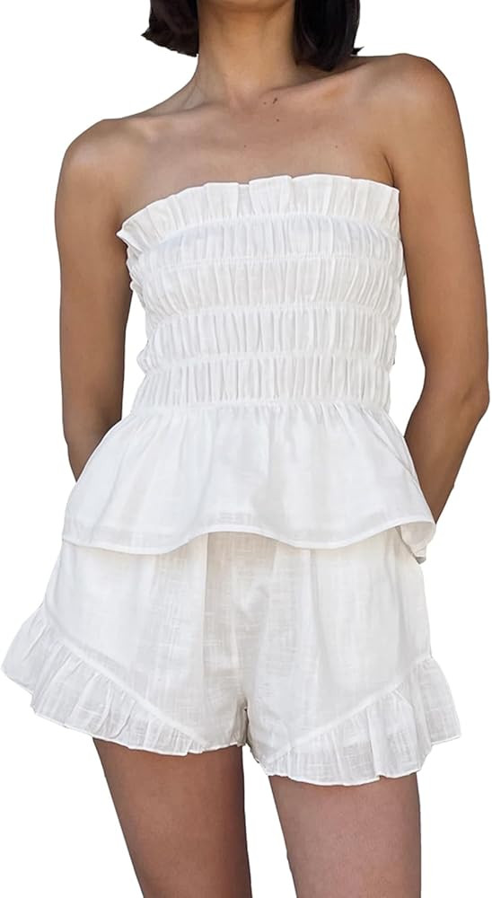 Women Ruffle Shorts Set 2 Piece Outfits Summer Smocked Strapless Tube Top and Short Sets Lounge S... | Amazon (US)