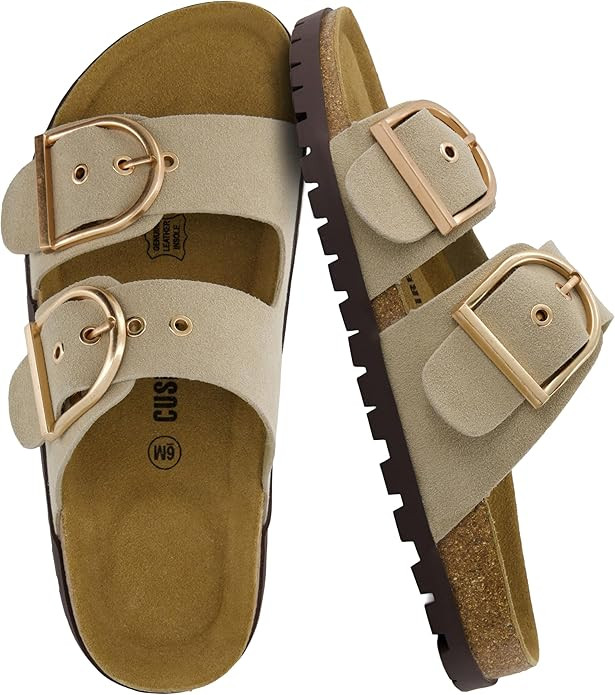 CUSHIONAIRE Brook Women’s Suede Double-Buckle Cork Footbed Slide Sandals with Memory Foam Comfo... | Amazon (US)