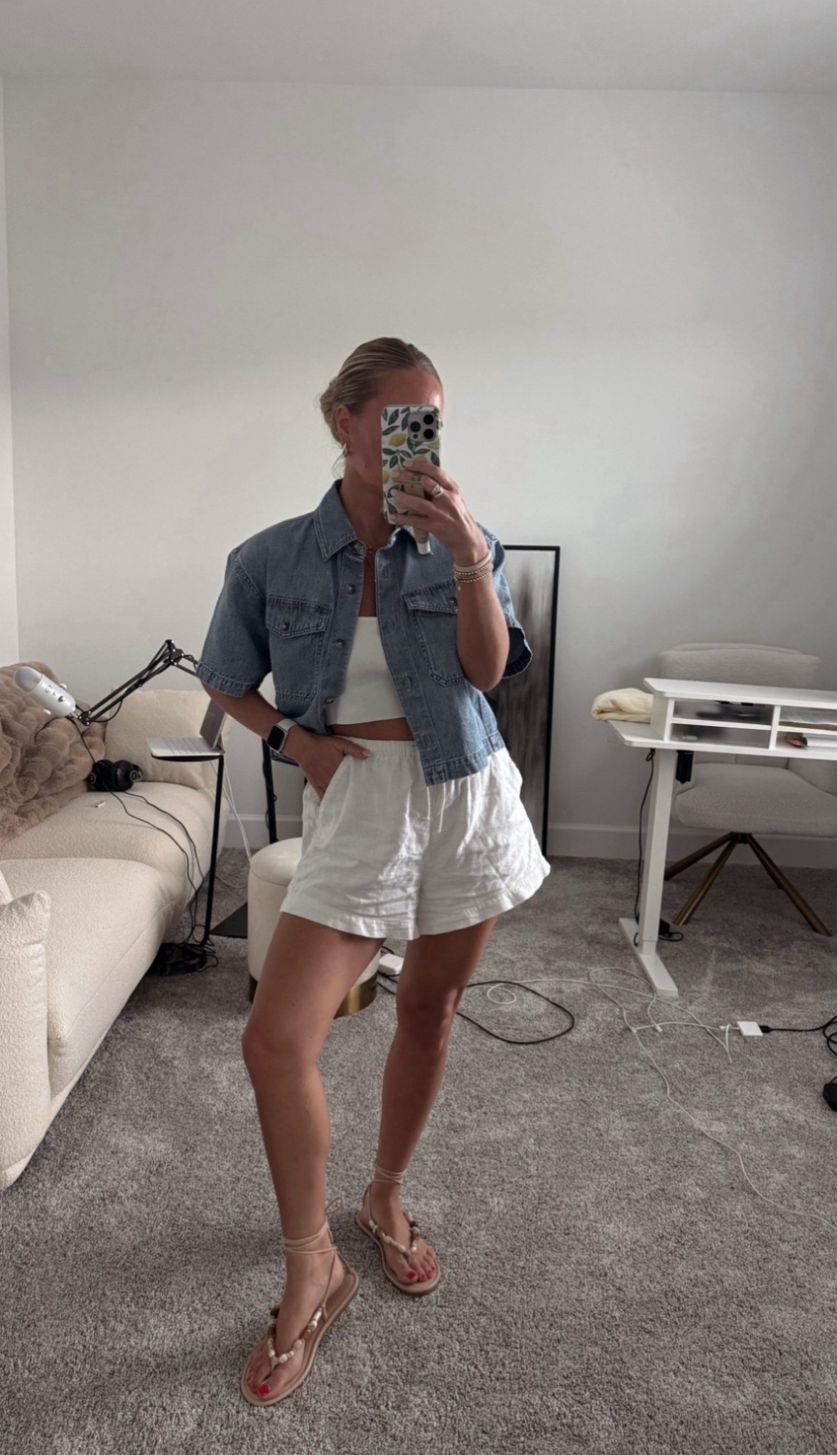 Best denim top for the summer!!I’m wearing a small in both the cropped denim top & white tank + I have this little halter tank in 3 colors (red, white & black) and wear it ALL THE TIME!!! My shell sandals are true to size & only $30! 

Summer outfit, denim button down, summer style, June style, summer fashion, linen shorts, white shorts, shell sandal, shell shoes, target style, target shorts, Amazon find, weekend fit

#LTKSummerEdit #LTKStyleTip #LTKShoeCrush