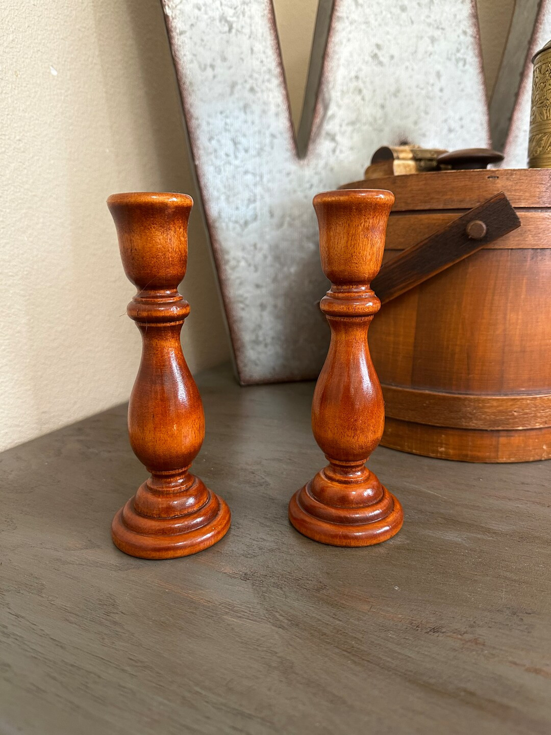 Vintage Turned Wood Candle Stick Holders | Etsy (US)