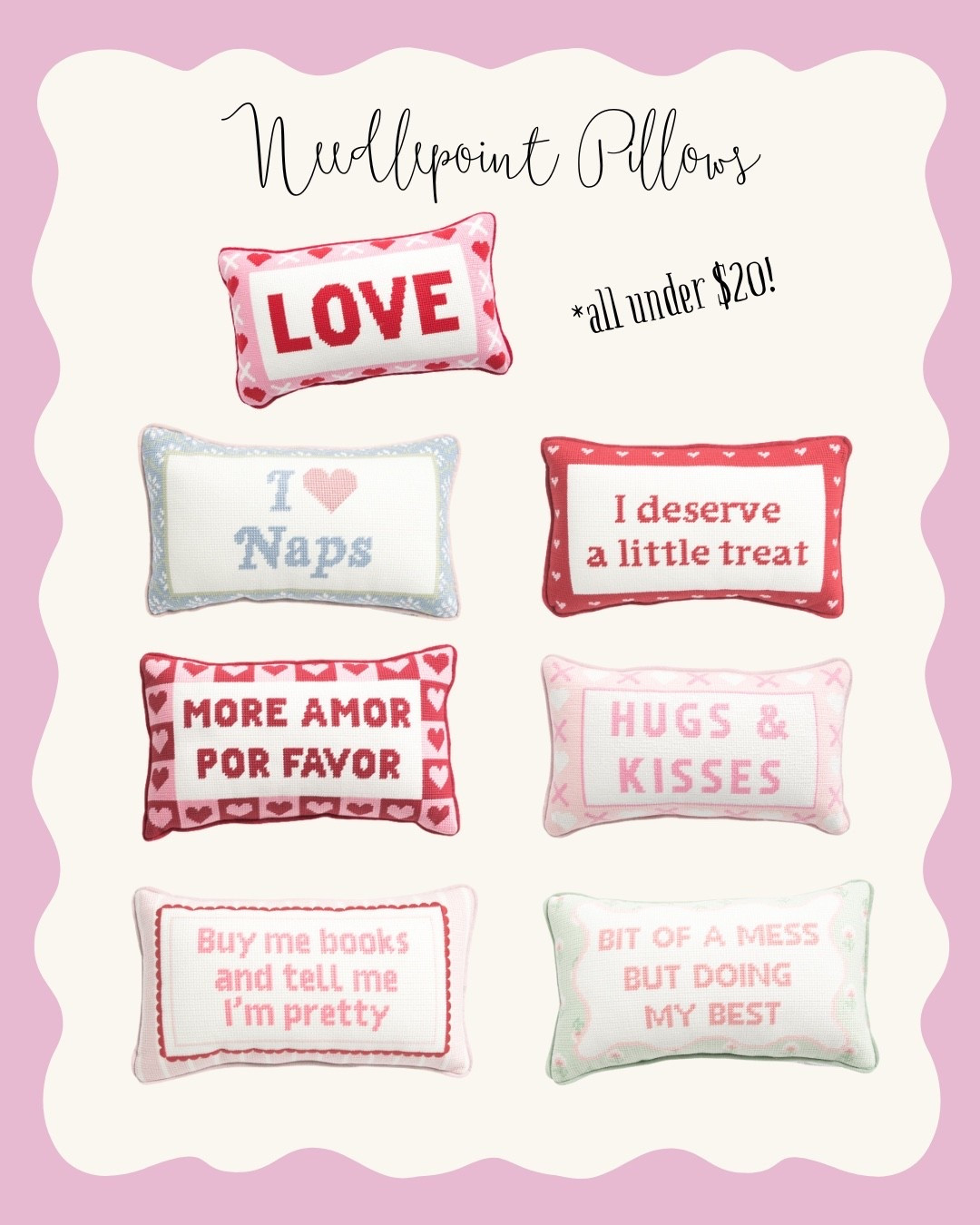 The absolute cutest needlepoint pillows that are so girly and fun! #girlyhomedecor #needlepointpillows #homedecor #pillows #valentinesdecor 

#LTKValentine #LTKHome #LTKSeasonal