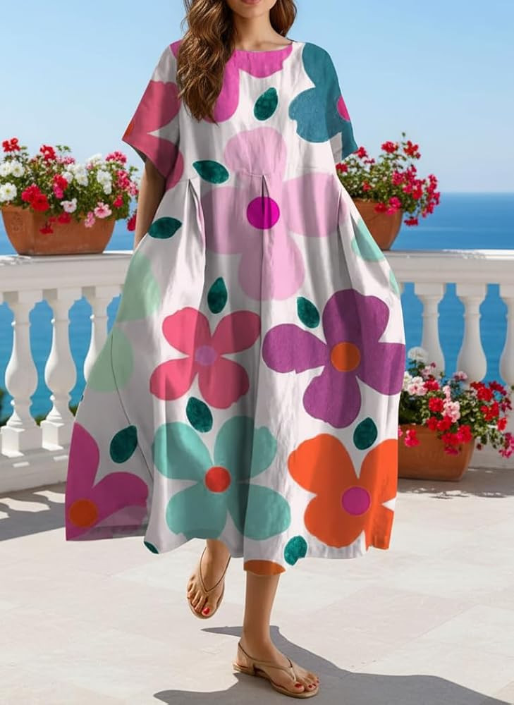 Womens Oversized Print Midi Dress Short Sleeve A-Line Loose-Fit Dress with Pockets Casual Spring ... | Amazon (US)