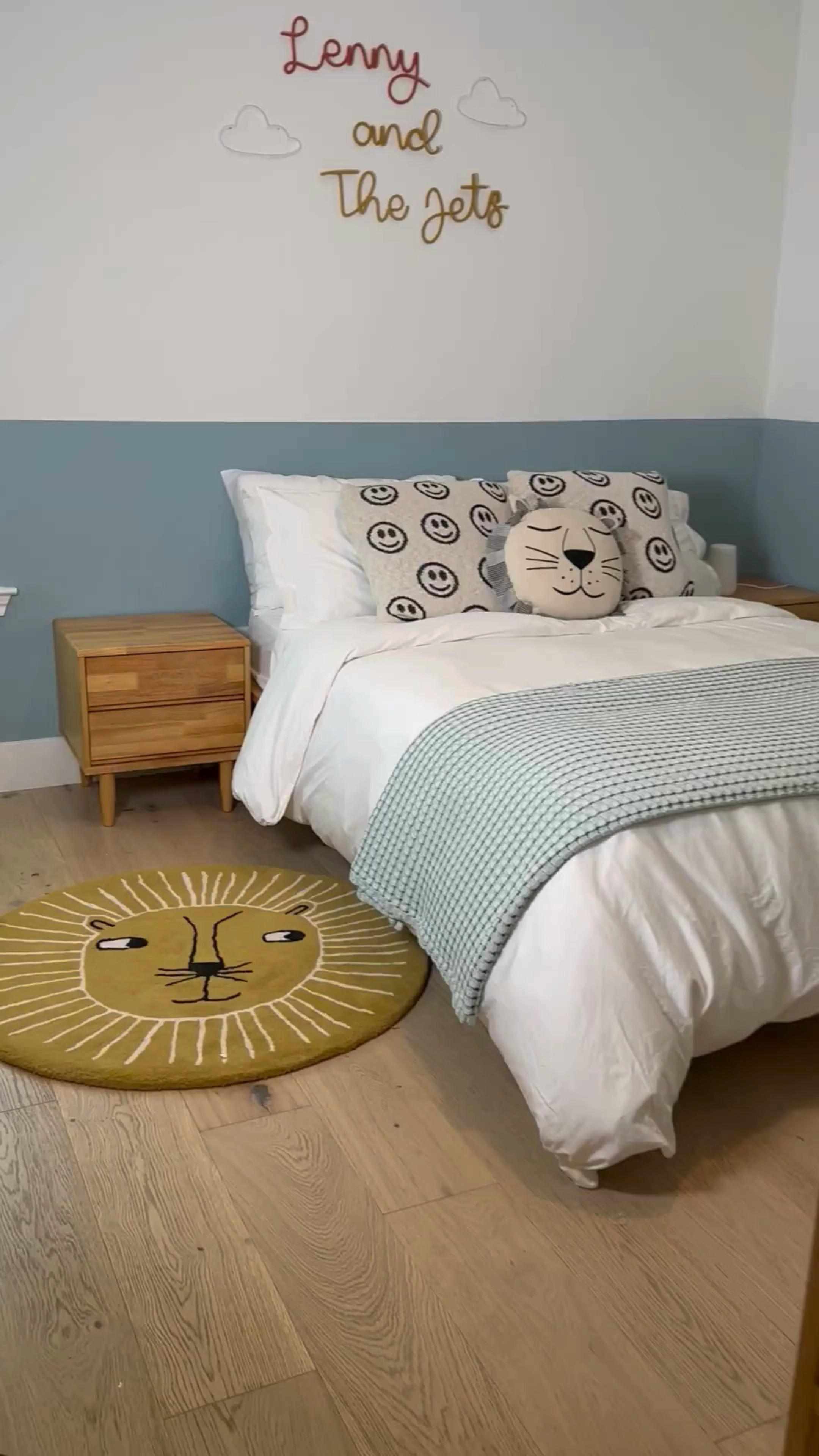 This Valyou platform bed is very sturdy thanks to its Japanese style joinery, and an affordable version of the Thuma bed. It’s made out of rubber wood and I was able to build this bed in about 20 minutes with no tools at all! There’s also an option with the headboard available.

The matching night tables are also Valyou, affordable and easy to build. 

Organic mattress: Nolah Nurture Kids Mattress
Bedding: Sol Organics
