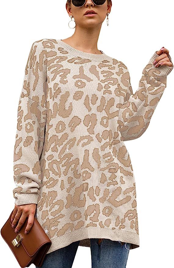 ECOWISH Women's Oversized Leopard Print Sweater Long Sleeve Casual Camouflage Print Knitted Jumpe... | Amazon (US)